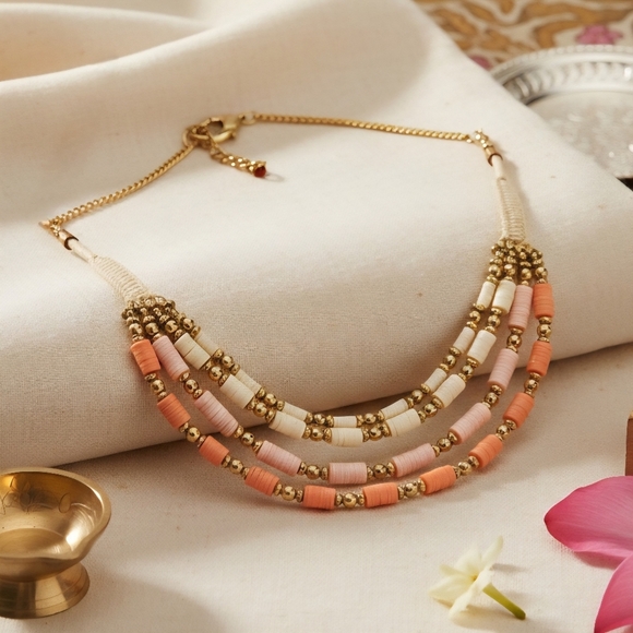 Boho Layered Multi Strand Necklace Handcrafted Antique Gold Beaded Statement - Picture 1 of 10